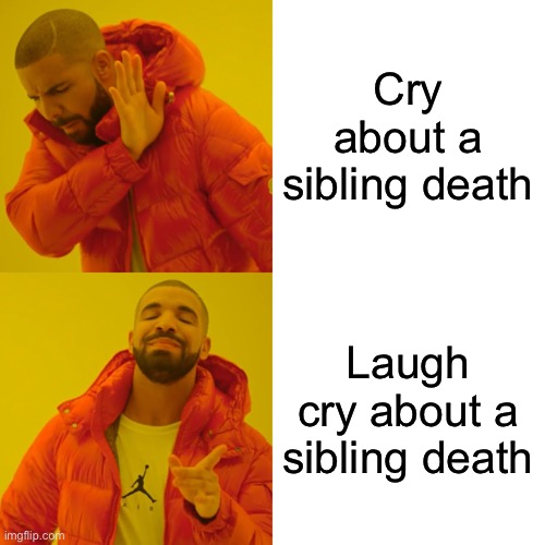 Drake Hotline Bling Meme | Cry about a sibling death Laugh cry about a sibling death | image tagged in memes,drake hotline bling | made w/ Imgflip meme maker