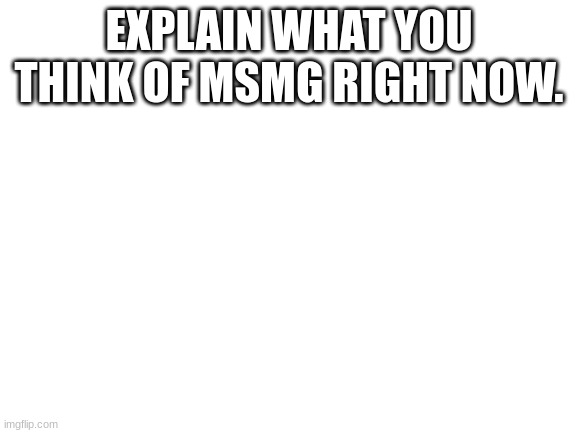 Blank White Template | EXPLAIN WHAT YOU THINK OF MSMG RIGHT NOW. | image tagged in blank white template | made w/ Imgflip meme maker