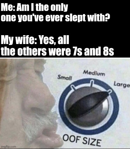 That stings | Me: Am I the only one you've ever slept with? My wife: Yes, all the others were 7s and 8s | image tagged in oof size large,oof,just for fun,meme | made w/ Imgflip meme maker