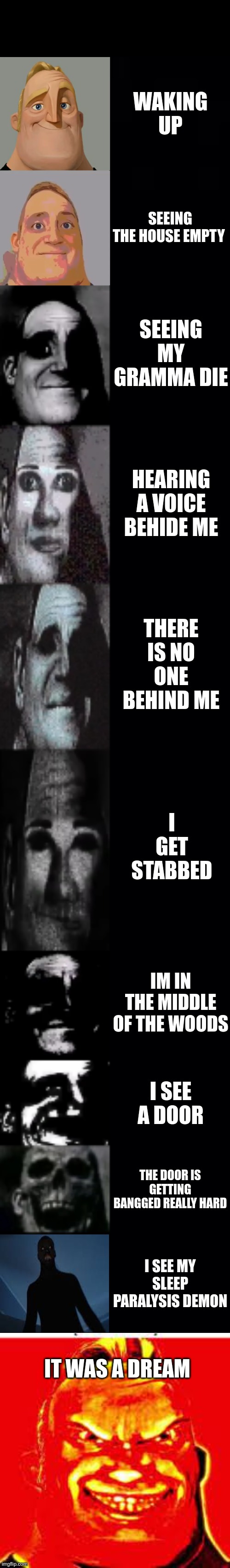 when you wake up | WAKING UP; SEEING THE HOUSE EMPTY; SEEING MY GRAMMA DIE; HEARING A VOICE BEHIDE ME; THERE IS NO ONE BEHIND ME; I GET STABBED; IM IN THE MIDDLE OF THE WOODS; I SEE A DOOR; THE DOOR IS GETTING BANGGED REALLY HARD; I SEE MY SLEEP PARALYSIS DEMON; IT WAS A DREAM | image tagged in mr incredible becoming uncanny,scary | made w/ Imgflip meme maker