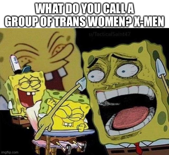 Go ahead and cancel me, be offended | WHAT DO YOU CALL A GROUP OF TRANS WOMEN? X-MEN | image tagged in spongebob laughing | made w/ Imgflip meme maker