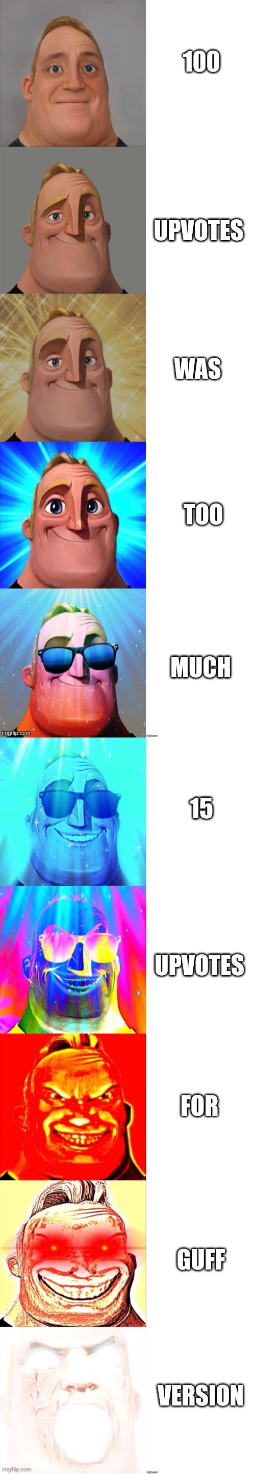 Mr Incredible Becoming Canny | 100; UPVOTES; WAS; TOO; MUCH; 15; UPVOTES; FOR; GUFF; VERSION | image tagged in mr incredible becoming canny | made w/ Imgflip meme maker
