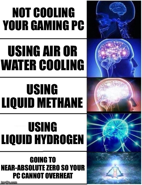 H2O aint the only liquid y'know | NOT COOLING YOUR GAMING PC; USING AIR OR WATER COOLING; USING LIQUID METHANE; USING LIQUID HYDROGEN; GOING TO NEAR-ABSOLUTE ZERO SO YOUR PC CANNOT OVERHEAT | image tagged in expanding brain 5 panel,gaming,cold,yes | made w/ Imgflip meme maker