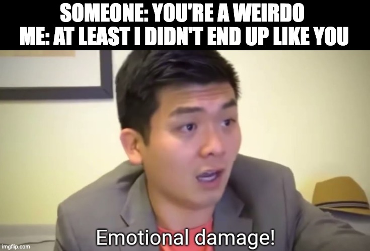 AHAHAHHAHA | SOMEONE: YOU'RE A WEIRDO 
ME: AT LEAST I DIDN'T END UP LIKE YOU | image tagged in emotional damage | made w/ Imgflip meme maker