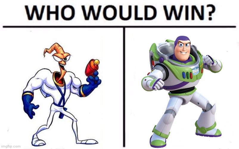 Earthworm Jim vs Buzz Lightyear | image tagged in memes,who would win,earthworm jim,buzz lightyear,crossover | made w/ Imgflip meme maker