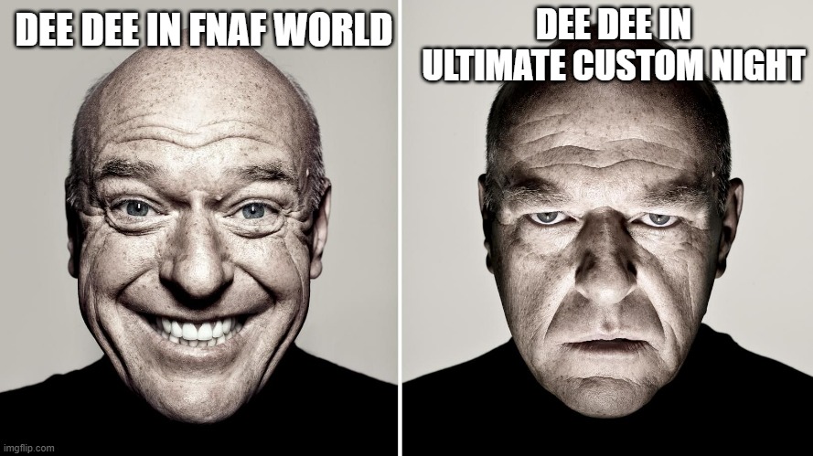 Dean Norris's reaction | DEE DEE IN ULTIMATE CUSTOM NIGHT; DEE DEE IN FNAF WORLD | image tagged in dean norris's reaction | made w/ Imgflip meme maker