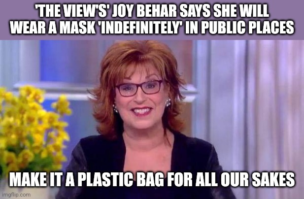 joy b | 'THE VIEW'S' JOY BEHAR SAYS SHE WILL WEAR A MASK 'INDEFINITELY' IN PUBLIC PLACES; MAKE IT A PLASTIC BAG FOR ALL OUR SAKES | image tagged in joy b | made w/ Imgflip meme maker