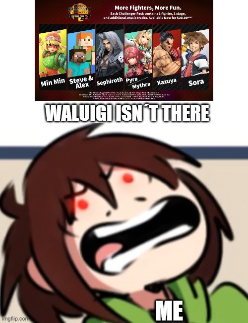 why,why nintendo | WALUIGI ISN´T THERE; ME | image tagged in memes,blank transparent square,chara raging | made w/ Imgflip meme maker