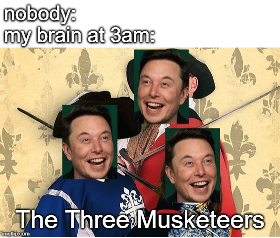 *insert shitty title here* | nobody:
my brain at 3am:; The Three Musketeers | image tagged in the three musketeers,elon musk | made w/ Imgflip meme maker