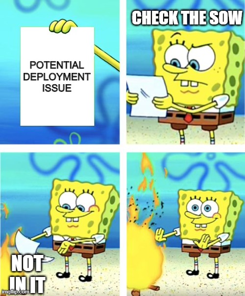 Not in the statement of work | CHECK THE SOW; POTENTIAL DEPLOYMENT ISSUE; NOT IN IT | image tagged in spongebob burning paper | made w/ Imgflip meme maker