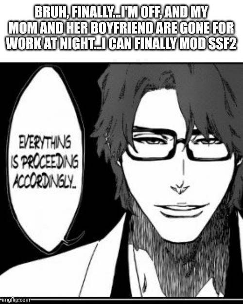 Aizen | BRUH, FINALLY...I'M OFF, AND MY MOM AND HER BOYFRIEND ARE GONE FOR WORK AT NIGHT...I CAN FINALLY MOD SSF2 | image tagged in aizen | made w/ Imgflip meme maker