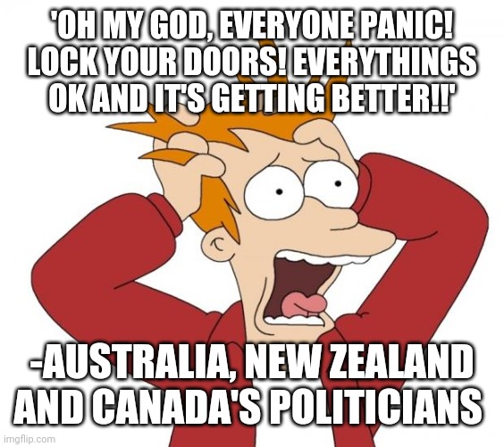 The absolute desperation to hold onto excessive power. You can almost feel it through the screen | 'OH MY GOD, EVERYONE PANIC! LOCK YOUR DOORS! EVERYTHINGS OK AND IT'S GETTING BETTER!!'; -AUSTRALIA, NEW ZEALAND AND CANADA'S POLITICIANS | image tagged in panic | made w/ Imgflip meme maker
