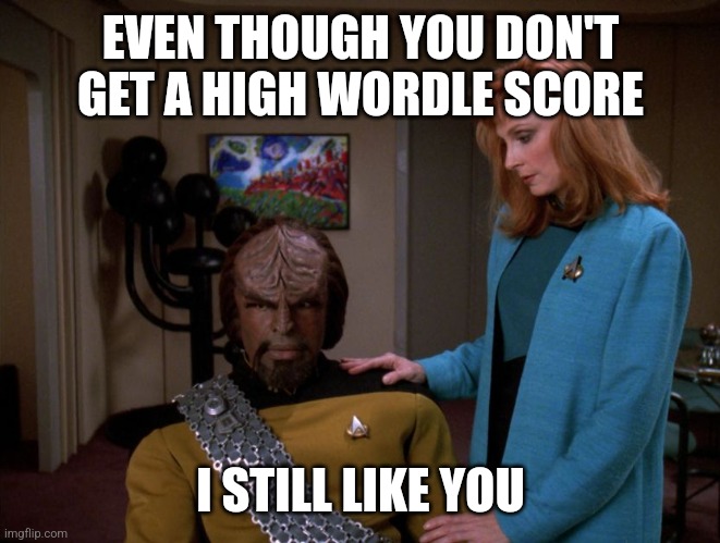 It's okay, Worf. | EVEN THOUGH YOU DON'T GET A HIGH WORDLE SCORE; I STILL LIKE YOU | image tagged in it's okay worf | made w/ Imgflip meme maker