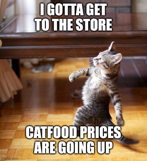Cat Walking Like A Boss | I GOTTA GET TO THE STORE; CATFOOD PRICES ARE GOING UP | image tagged in cat walking like a boss | made w/ Imgflip meme maker