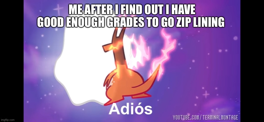 Adiós Giganamax Charizard | ME AFTER I FIND OUT I HAVE GOOD ENOUGH GRADES TO GO ZIP LINING | image tagged in adi s giganamax charizard | made w/ Imgflip meme maker