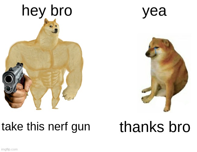 N E R F  G U N | hey bro; yea; take this nerf gun; thanks bro | image tagged in memes,buff doge vs cheems | made w/ Imgflip meme maker