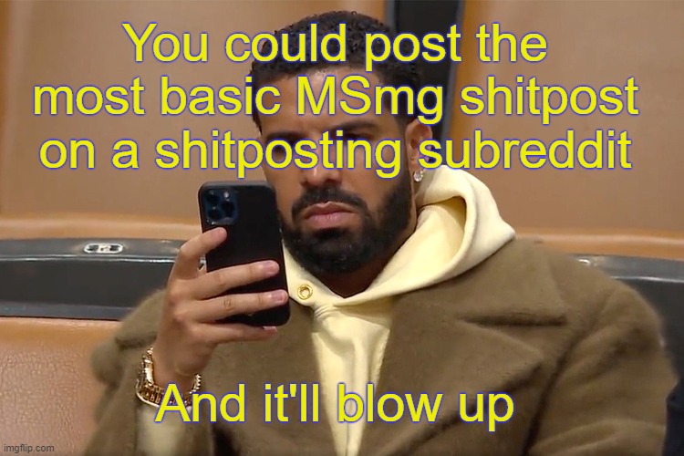 . | You could post the most basic MSmg shitpost on a shitposting subreddit; And it'll blow up | made w/ Imgflip meme maker
