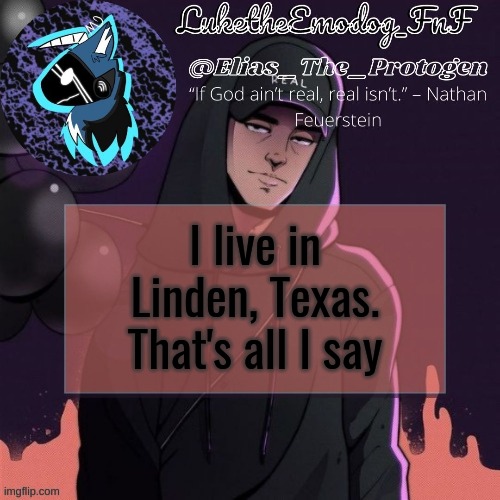 NF Temp | I live in Linden, Texas. That's all I say | image tagged in nf temp | made w/ Imgflip meme maker