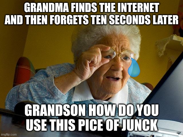 Grandma Finds The Internet | GRANDMA FINDS THE INTERNET AND THEN FORGETS TEN SECONDS LATER; GRANDSON HOW DO YOU USE THIS PICE OF JUNCK | image tagged in memes,grandma finds the internet | made w/ Imgflip meme maker