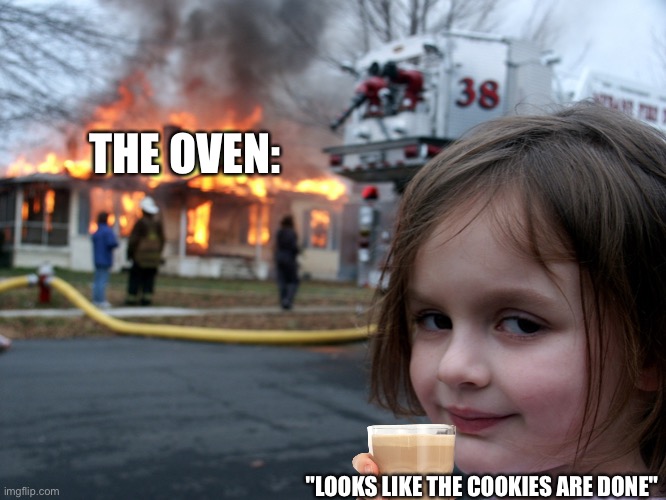 house fire child | THE OVEN:; "LOOKS LIKE THE COOKIES ARE DONE" | image tagged in house fire child | made w/ Imgflip meme maker