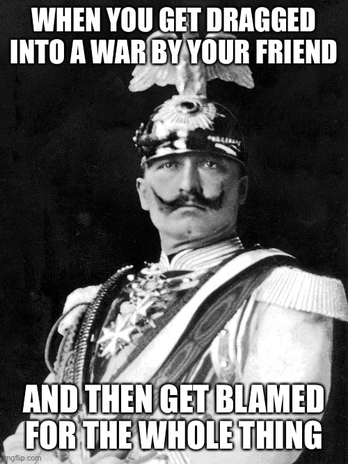 Kaiser Wilhelm | WHEN YOU GET DRAGGED INTO A WAR BY YOUR FRIEND; AND THEN GET BLAMED FOR THE WHOLE THING | image tagged in kaiser wilhelm | made w/ Imgflip meme maker