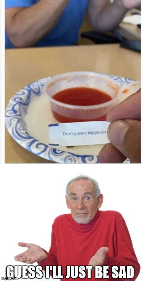 WHAT ELSE IS NEW? |  GUESS I'LL JUST BE SAD | image tagged in guess i'll die,fortune cookie,fail | made w/ Imgflip meme maker