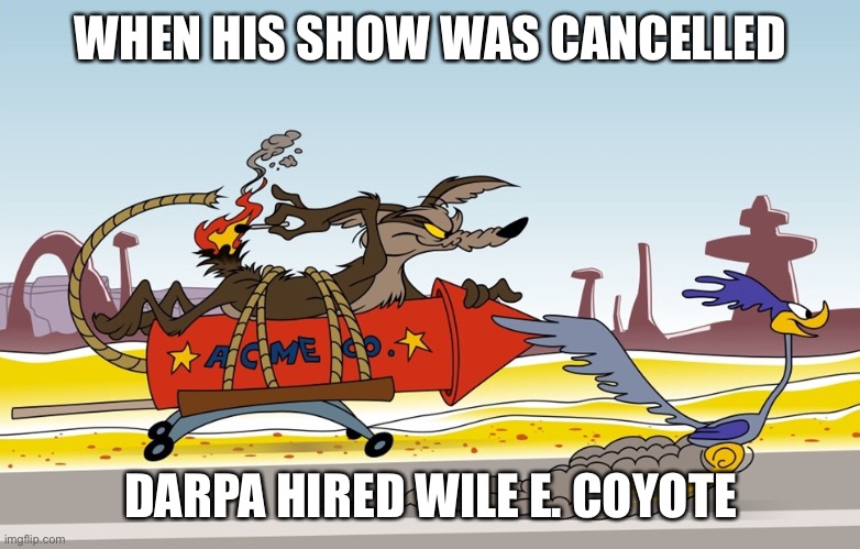 Dont Do This At Home | WHEN HIS SHOW WAS CANCELLED; DARPA HIRED WILE E. COYOTE | image tagged in dont do this at home | made w/ Imgflip meme maker