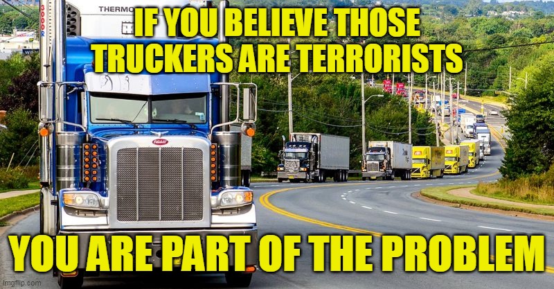 i KnOw aN iNsUrReCtiOn wHeN i sEE OnE!!! | IF YOU BELIEVE THOSE TRUCKERS ARE TERRORISTS; YOU ARE PART OF THE PROBLEM | image tagged in trucker convoy,meanwhile in canada,covidiots,freedom | made w/ Imgflip meme maker