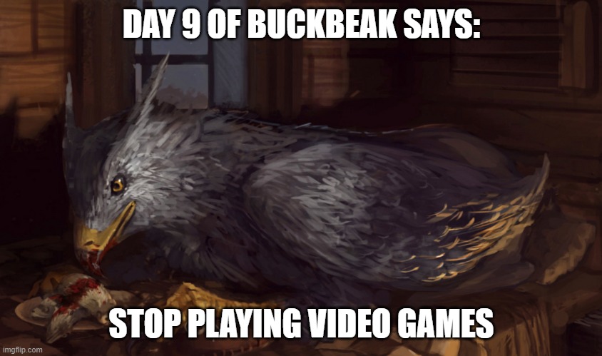 Buckbeak | DAY 9 OF BUCKBEAK SAYS:; STOP PLAYING VIDEO GAMES | image tagged in buckbeak | made w/ Imgflip meme maker