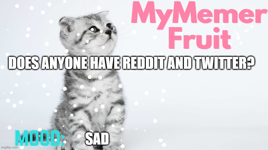 MyMemerFruit Temp 2 | DOES ANYONE HAVE REDDIT AND TWITTER? SAD | image tagged in mymemerfruit temp 2 | made w/ Imgflip meme maker