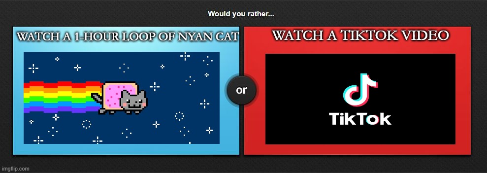 Would you rather | WATCH A TIKTOK VIDEO; WATCH A 1-HOUR LOOP OF NYAN CAT | image tagged in would you rather,nyan cat,tiktok logo,funny,memes | made w/ Imgflip meme maker