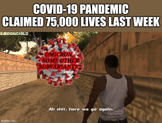 susvid | COVID-19 PANDEMIC CLAIMED 75,000 LIVES LAST WEEK; OMICRON
+ SOME OTHER
SUBVARIANTS | image tagged in here we go again,coronavirus,covid-19,oh no,we're all doomed,memes | made w/ Imgflip meme maker