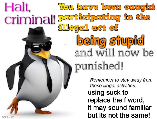 halt criminal! | being stupid using suck to replace the f word, it may sound familiar but its not the same! | image tagged in halt criminal | made w/ Imgflip meme maker