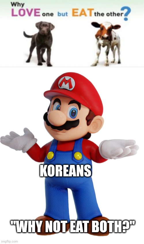 Why not both? | KOREANS; "WHY NOT EAT BOTH?" | image tagged in mario shrug,vegans,funny | made w/ Imgflip meme maker