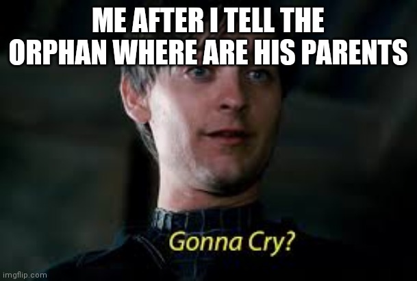 Gonna cry? | ME AFTER I TELL THE ORPHAN WHERE ARE HIS PARENTS | image tagged in gonna cry | made w/ Imgflip meme maker