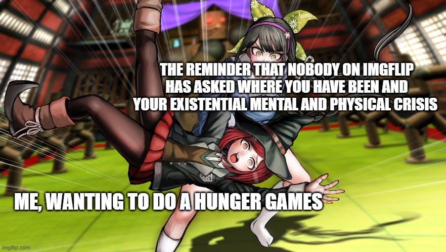 THE REMINDER THAT NOBODY ON IMGFLIP HAS ASKED WHERE YOU HAVE BEEN AND YOUR EXISTENTIAL MENTAL AND PHYSICAL CRISIS; ME, WANTING TO DO A HUNGER GAMES | made w/ Imgflip meme maker