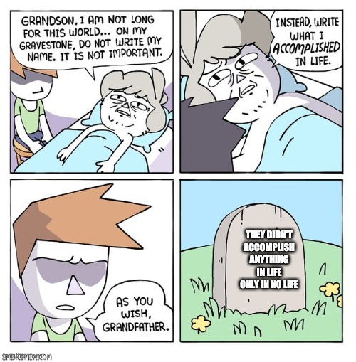 gravestone | THEY DIDN'T ACCOMPLISH ANYTHING IN LIFE ONLY IN NO LIFE | image tagged in gravestone | made w/ Imgflip meme maker
