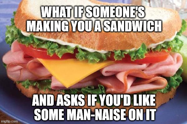 What if someone is making you a sandwich | WHAT IF SOMEONE'S 
MAKING YOU A SANDWICH; AND ASKS IF YOU'D LIKE 
SOME MAN-NAISE ON IT | image tagged in sandwich | made w/ Imgflip meme maker