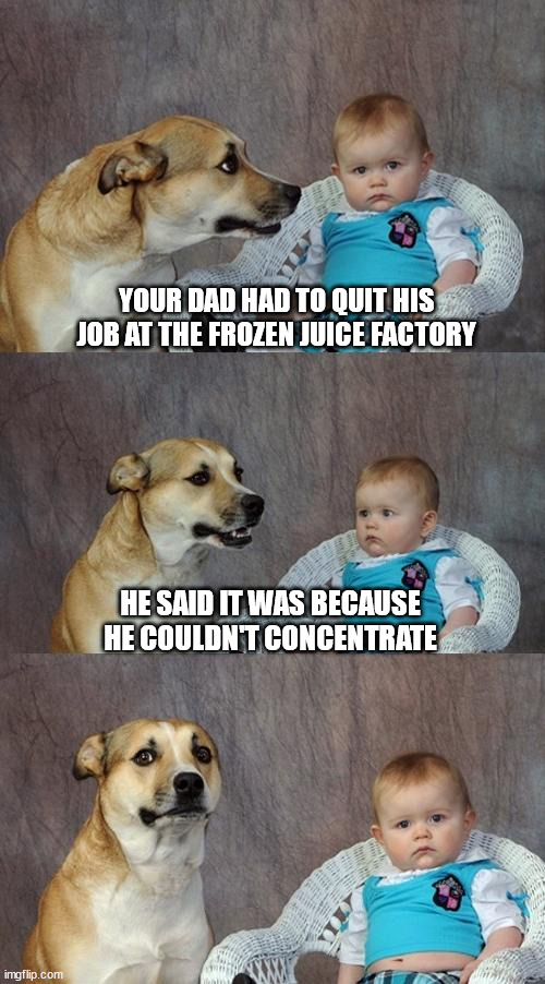 Dad Joke Dog | YOUR DAD HAD TO QUIT HIS JOB AT THE FROZEN JUICE FACTORY; HE SAID IT WAS BECAUSE HE COULDN'T CONCENTRATE | image tagged in memes,dad joke dog | made w/ Imgflip meme maker