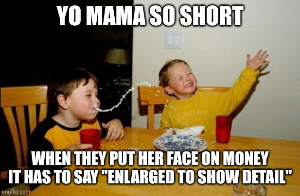Your mama's so short | YO MAMA SO SHORT; WHEN THEY PUT HER FACE ON MONEY IT HAS TO SAY "ENLARGED TO SHOW DETAIL" | image tagged in memes,yo mamas so fat | made w/ Imgflip meme maker