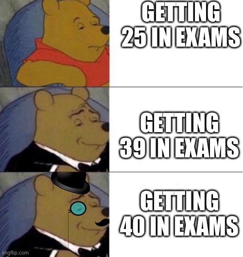 winie the pooh | GETTING 25 IN EXAMS; GETTING 39 IN EXAMS; GETTING 40 IN EXAMS | image tagged in winie the pooh | made w/ Imgflip meme maker