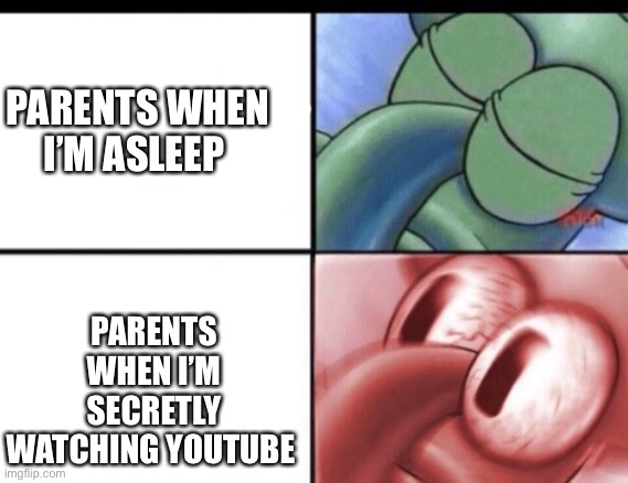 Squidward sleeping | PARENTS WHEN I’M ASLEEP; PARENTS WHEN I’M SECRETLY WATCHING YOUTUBE | image tagged in squidward sleeping | made w/ Imgflip meme maker