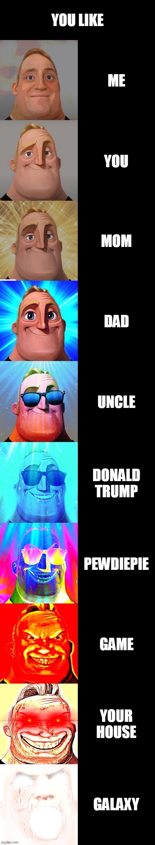 you like | YOU LIKE; ME; YOU; MOM; DAD; UNCLE; DONALD TRUMP; PEWDIEPIE; GAME; YOUR HOUSE; GALAXY | image tagged in mr incredible becoming canny | made w/ Imgflip meme maker