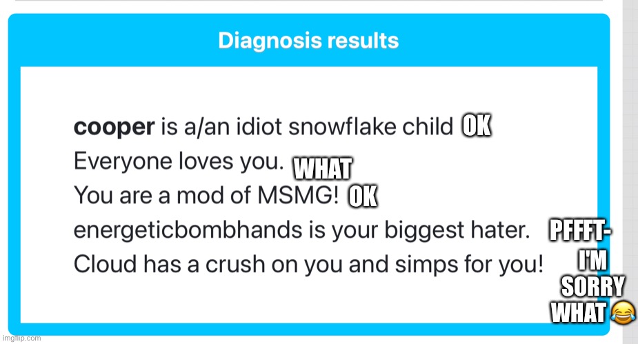 https://en.shindanmaker.com/1110576 | OK; WHAT; OK; PFFFT-; I'M SORRY WHAT 😂 | made w/ Imgflip meme maker