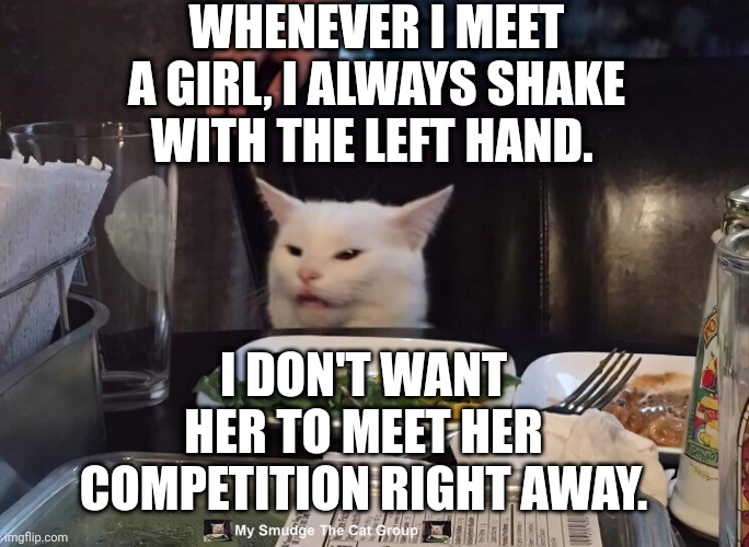 WHENEVER I MEET A GIRL, I ALWAYS SHAKE WITH THE LEFT HAND. I DON'T WANT HER TO MEET HER COMPETITION RIGHT AWAY. | image tagged in smudge the cat,smudge | made w/ Imgflip meme maker