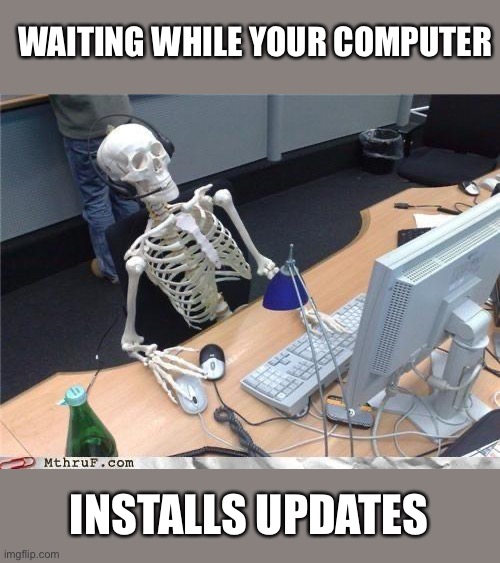 Waiting for computer updates to install | WAITING WHILE YOUR COMPUTER; INSTALLS UPDATES | image tagged in waiting skeleton,funny,memes,meme,funny memes | made w/ Imgflip meme maker