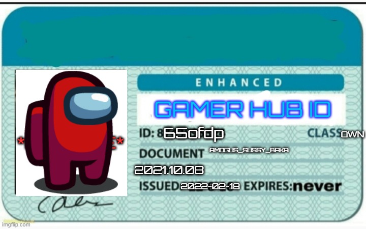 Gamer Hub ID | OWN; 65ofdp; AMOGUS_SUSSY_BAKA; 2021.10.08; 2022-02-18 | image tagged in gamer hub id | made w/ Imgflip meme maker