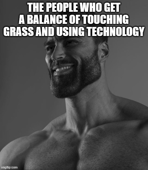 Giga Chad | THE PEOPLE WHO GET A BALANCE OF TOUCHING GRASS AND USING TECHNOLOGY | image tagged in giga chad | made w/ Imgflip meme maker