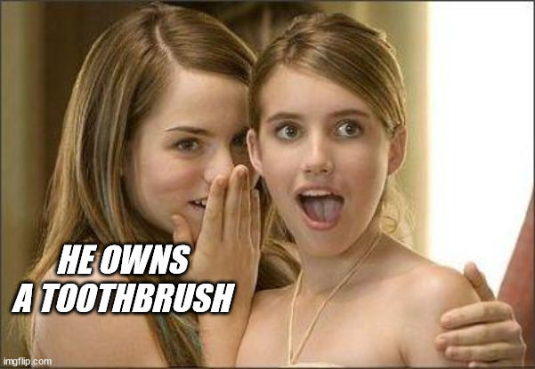 Girls gossiping | HE OWNS A TOOTHBRUSH | image tagged in girls gossiping | made w/ Imgflip meme maker