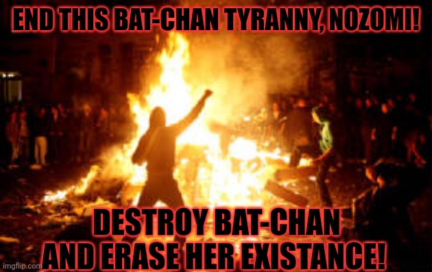 Anarchy Riot | END THIS BAT-CHAN TYRANNY, NOZOMI! DESTROY BAT-CHAN AND ERASE HER EXISTANCE! | image tagged in anarchy riot | made w/ Imgflip meme maker